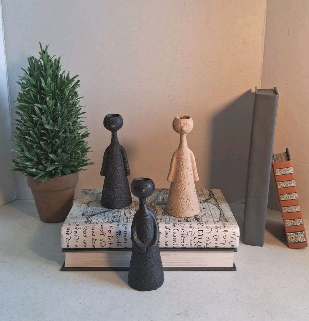 VTG Brutalist Style Set of 3 Primitive Figurines & Planters/Candle Holder